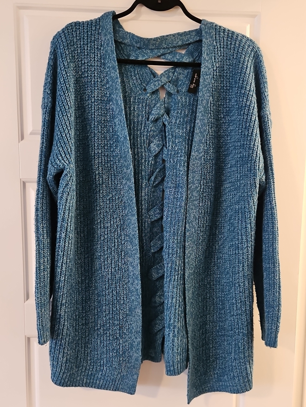 Lily Morgan Open-Front Blue Knit Cardigan with Lace-Up Back